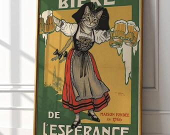 Vintage Beer Cat Poster, Retro French Beverage Art, Quirky Bar Decor (Digital Download)