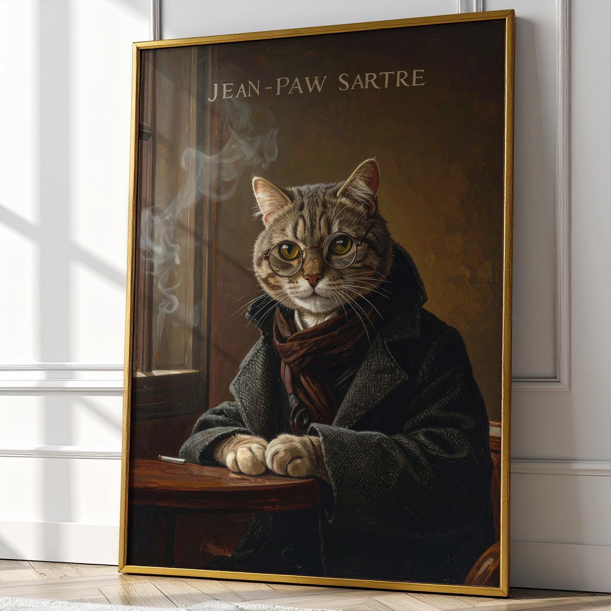 ジャン＝ポー・サルトルの猫の哲学者の肖像画 ヴィンテージ油絵風猫の