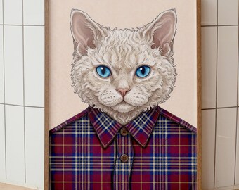 Selkirk Rex Cat Plaid Shirt Art Print, Curly Feline Lumberjack Portrait (Digital Download)