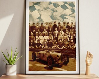 The Surreal Race | Vintage Collage Art | Checkered Flag Sky | Red Racing Car Print | Dreamlike Cliff Road | Weird Retro Decor