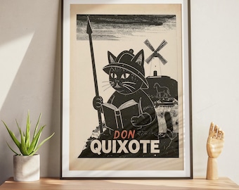 Don Quixote Cat Poster: Linocut Style Cervantes Illustration (Digital Download)
