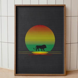 May include: Framed art print featuring a lion silhouette walking in front of a sunset. The sunset is rendered in horizontal stripes of red, yellow, and green. The background is black with horizontal lines, and the frame is brown.
