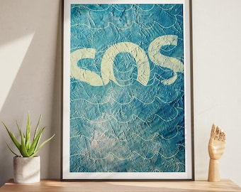 SOS Ocean Art Print | Textured Blue Wave Poster | Nautical and Coastal Wall Decor | Impasto Acrylic Style |