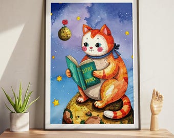 Little Prince Cat Print: Whimsical Storybook Illustration (Digital Download)