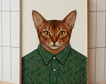 Abessinier Katze Portrait Druck, Anthropomorphes Haustier, Gemustertes Shirt Kunst (Digitaler Download)