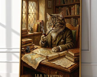 J.R.R. Tolkitten Print | Funny Literary Cat | Vintage Professor Portrait | Fantasy Author Gift | Old Maps & Books Art | Cozy Library Decor