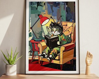 The Metamorphosis Cat Poster - Surreal Pop Art Illustration, Funny Literary Wall Art, Digital Download