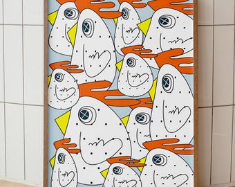 Laufendes Huhn Art Print, wunderliche Cartoon Henne, Bauernhaus Küche Dekor (digitaler Download)