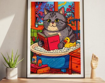 Funny Cat in Bathtub Print: Quirky Bathroom Wall Art (Digital Download)