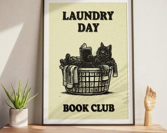 Funny Cat Reading in Laundry Basket Print: Minimalist Linocut Style (Digital Download)