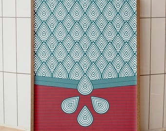 Mid Century Teardrop Pattern Print, Teal Red Abstract Line Art (Digital Download)