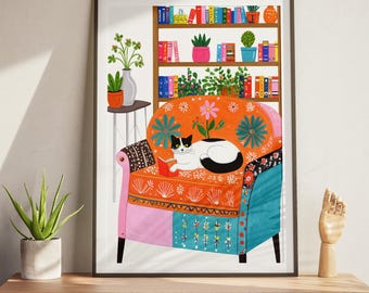Whimsical Cat Reading Art Print: Floral Armchair, Cozy Home Decor (Digital Download)