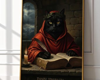Dante Whiskeri Print | Dante Alighieri Cat Gift | Divine Comedy Art | Gothic Black Cat Portrait | Dark Academia Decor | Inferno Wall Art
