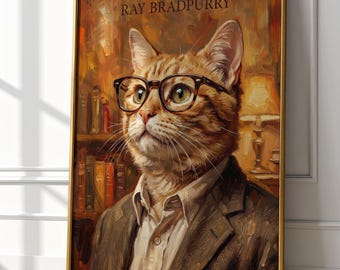 Ray Bradpurry Porträt | Ray Bradbury Katzenkunst | Fahrenheit 451 Poster | Science-Fiction-Buch-Liebhaber-Geschenk | Katze mit Brille Decor | Digitaler Download