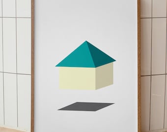 Einfaches Haus Kunstdruck | Minimalistisches Floating Home | Teal Dach | Moderne Kinderzimmer & Kinderzimmer Wandkunst