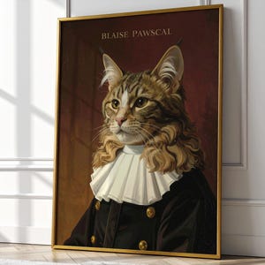Może przedstawiać: Oprawiony portret kota o imieniu "Blaise Pawscal" w stylu vintage. Kot ma na sobie czarny płaszcz ze złotymi guzikami i białą falbaniastą kryzą na tle bordowego tła. Rama jest złota.