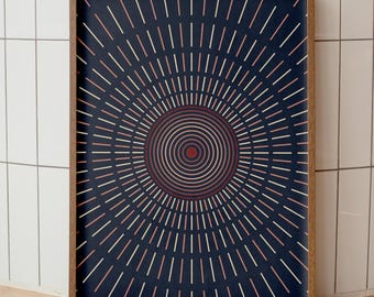 Mid Century Sunburst Print, Navy Terracotta Geometric Wall Art (Digital Download)