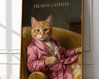 Truman Catpote Print | Funny Literary Cat Art | Vintage Writer Portrait | Mid Century Glamour | Book Lover Gift | Ginger Cat with Martini