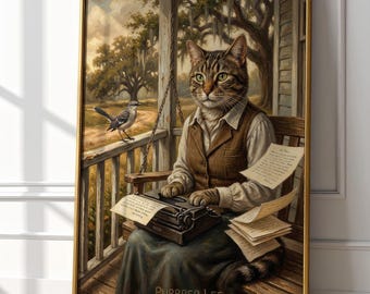 Purrper Lee Print | Harper Lee Cat Portrait | To Kill a Mockingbird Gift | Tabby Cat Oil Painting | Rustic Farmhouse Decor | Book Lover Gift