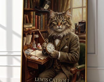 Lewis Catroll Print | Alice in Wonderland Cat Portrait | Victorian Literary Art | Mad Hatter White Rabbit References | Book Lover Gift