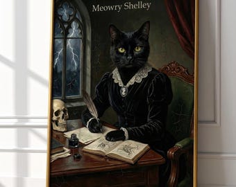 Meowry Shelley Art | Gothic Cat Print | Literary Horror Gift | Frankenstein Vibe | Dark Academia Wall Decor | Victorian Black Cat Portrait