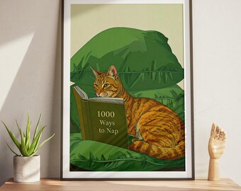 Cozy Cat Reading Poster: Funny '1000 Ways to Nap' Illustration (Digital Download)