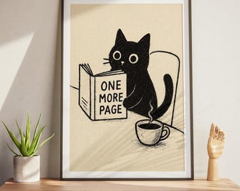 Black Cat Reading One More Page Funny Charcoal Illustration Coffee Lover Poster Wall Art