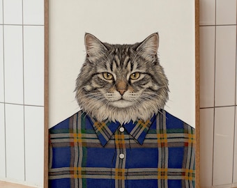 Sibirische Katze karierter Flanell Portrait Druck, Anthropomorphe Haustier Kunst (Digitaler Download)