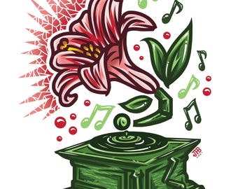May include: A vintage green record player with a red and pink flower growing out of the arm. The flower is playing music, with musical notes floating around it.