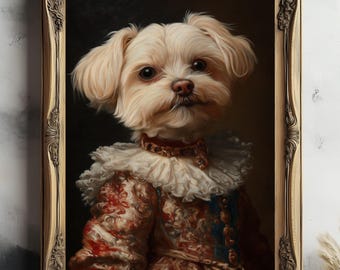 May include: A white dog with a fluffy coat is wearing a gold and red patterned dress with a white lace collar. The dog is framed in a gold ornate frame.