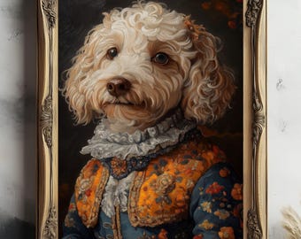 May include: A portrait painting of a small, fluffy, light brown dog wearing a blue and orange patterned jacket with a white lace collar. The dog is looking directly at the viewer with a serious expression. The painting is framed in a gold ornate frame.