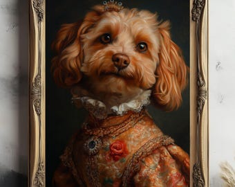 May include: A portrait of a small, light brown dog wearing a gold and floral patterned dress with a white lace collar and a small crown on its head. The dog is looking directly at the viewer with a serious expression.