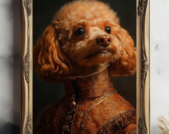May include: A painting of a small, light brown poodle wearing a gold and orange patterned outfit with a gold bell hanging from the collar. The poodle is looking up and to the right. The painting is framed in a gold frame.