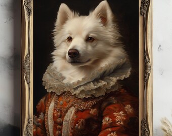 May include: A white dog with a fluffy coat is wearing a red and gold dress with a white lace collar. The dog is posed in a portrait style with a dark background and a gold frame.
