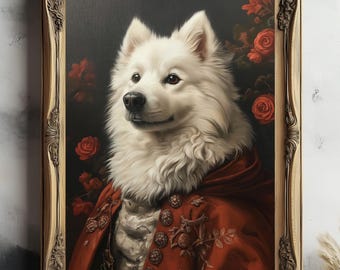May include: A white dog with fluffy fur wearing a red and gold embroidered coat, posed against a dark background with red roses.