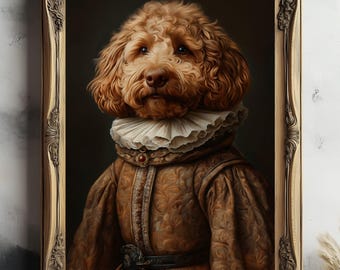 May include: A painting of a brown poodle wearing a gold and brown patterned outfit with a white lace collar and a red jewel. The poodle is framed in a gold ornate frame.