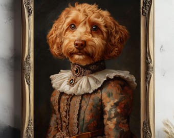 May include: A portrait of a brown poodle wearing a white lace collar with a gold and black brooch, a brown and gold patterned dress, and a gold belt. The portrait is framed in a gold ornate frame.