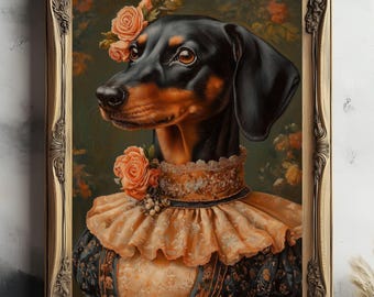 May include: A black and brown dachshund wearing a lacy, peach-colored dress with a floral collar. The dog is wearing a crown of pink roses and has a single pink rose on its collar.