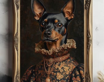 May include: A black and brown dog wearing a gold and floral patterned dress with a gold necklace and a gold pendant. The dog is framed in a gold ornate frame.
