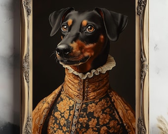 May include: A framed portrait of a dog, featuring a black and tan Doberman Pinscher wearing a gold and black floral patterned gown with a ruffled collar. The portrait is in a gold ornate frame.