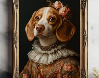 May include: A framed portrait of a beagle dog, adorned with a floral crown and a ruffled collar. The dog's fur is a mix of brown and white, set against a dark background. The frame is ornate with a gold finish, adding a touch of elegance.