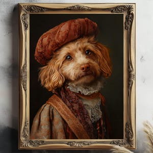 May include: A portrait of a small, light brown dog wearing a red beret and a brown and gold patterned outfit. The dog is looking directly at the viewer with a serious expression. The portrait is framed in a gold ornate frame.