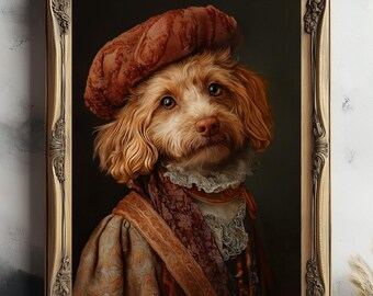 May include: A portrait of a small, light brown dog wearing a red beret and a brown and gold patterned outfit. The dog is looking directly at the viewer with a serious expression. The portrait is framed in a gold ornate frame.