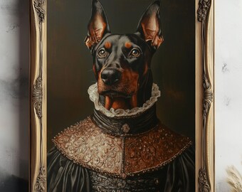 May include: A painting of a Doberman Pinscher dog dressed in a black and gold Renaissance-style costume with a white lace collar. The dog is looking directly at the viewer with a serious expression.