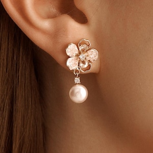 Handmade Flower Pearl Drop Earrings, Flower Dangle Drop Stud Earrings for Mom, Wedding Earrings, Bridal Earrings, Bridesmaid Gifts for Her