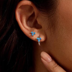Dainty Opal Huggie Hoop Earrings Set, Blue/White Opal Earrings, Stackable Earrings, Opal Jewelry, Bridesmaid Gifts, Birthday Gift for Her