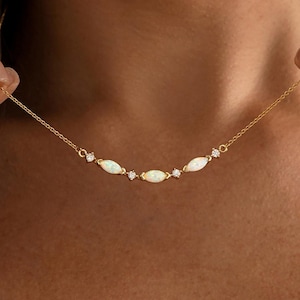Collar minimalista de ópalo y diamantes, collar de ópalo marquesa de oro de 18 quilates, joyería de ópalo, regalo de boda, regalo de cumpleaños, regalos para damas de honor.