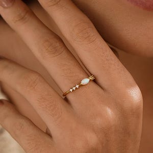 Dainty Marquise Opal Ring, 18K Gold Diamond Opal Ring, Minimalist Stacking Ring, Engagement Ring, Wedding Jewelry, Birthday Gifts for Her