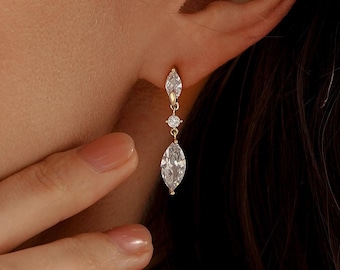Minimalist Diamond Dangle Earrings, Marquise Diamond Stud Earrings, CZ Drop Earrings, Wedding Earrings, Bridesmaid Gifts, Mom Gifts for Her