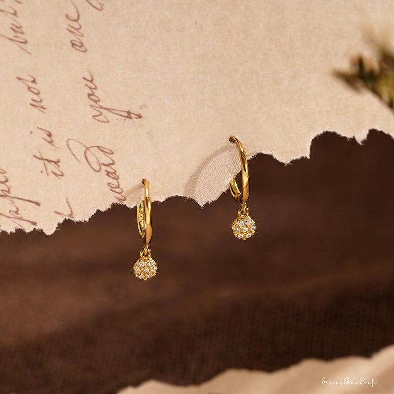 Minimalist Diamond Huggie Hoop Earrings, Gold Diamond Dangle Earrings, Dainty Diamond Drop Earrings, Valentines Day Gift, Gifts for Mom